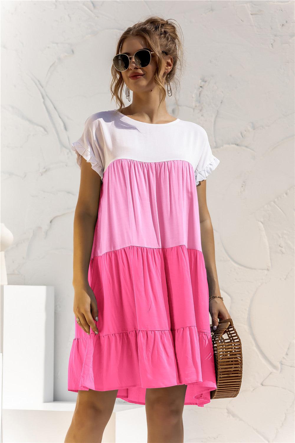 Color Block Round Neck Ruffle Hem Tiered Short Dress - Dresses