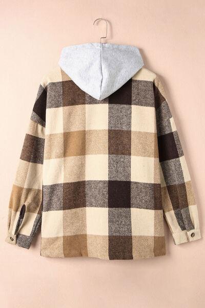 Button Up Plaid Hooded Shacket - Jacket