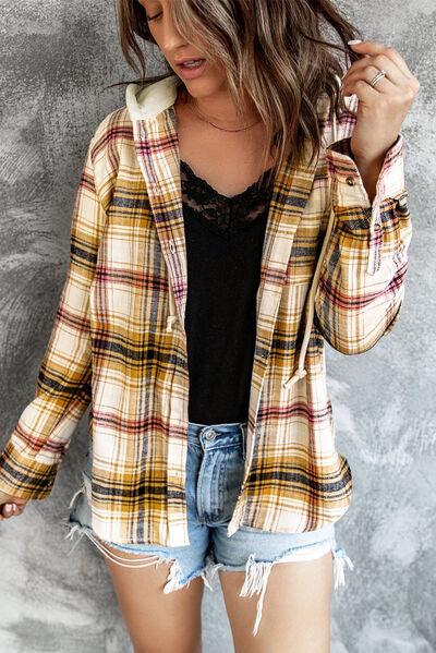 Plaid Button Up Hooded Shacket - Jacket