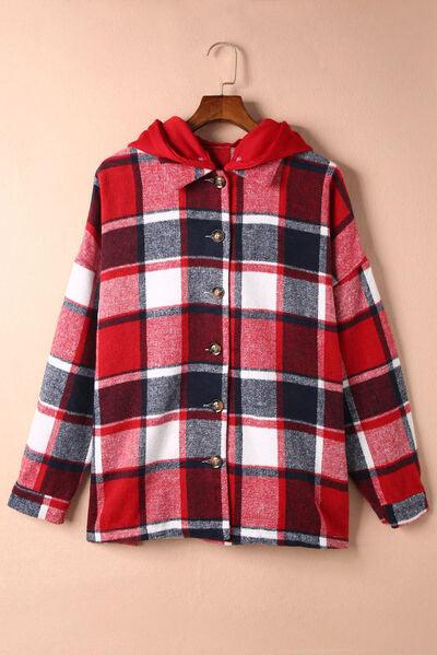 Button Up Plaid Hooded Shacket - Jacket