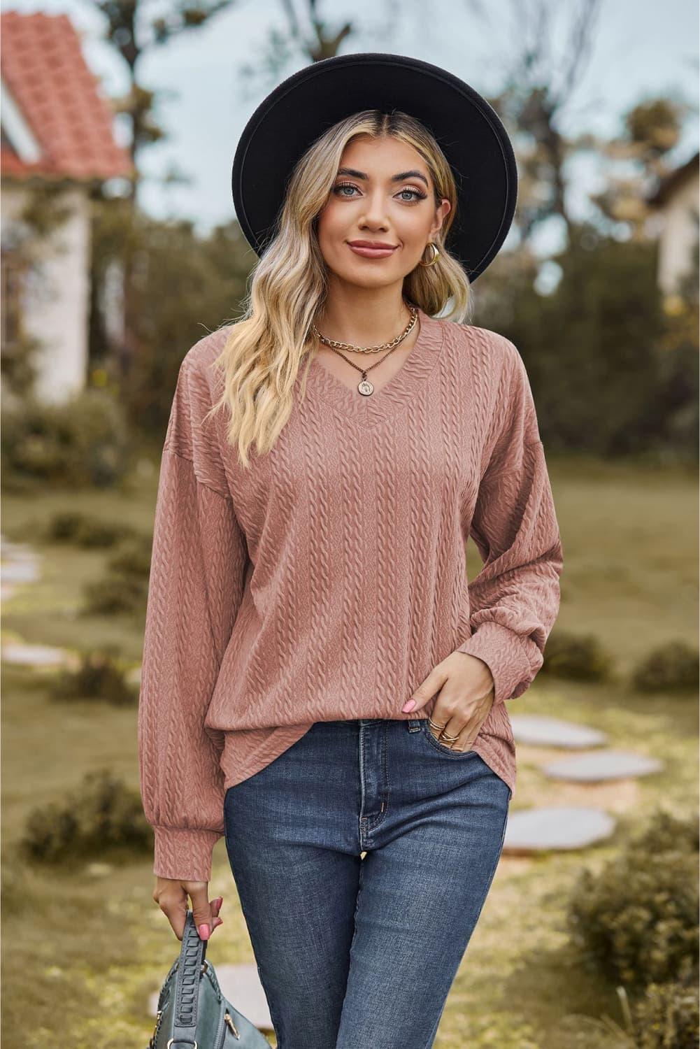 V-Neck Dropped Shoulder Long Sleeves Top - Top