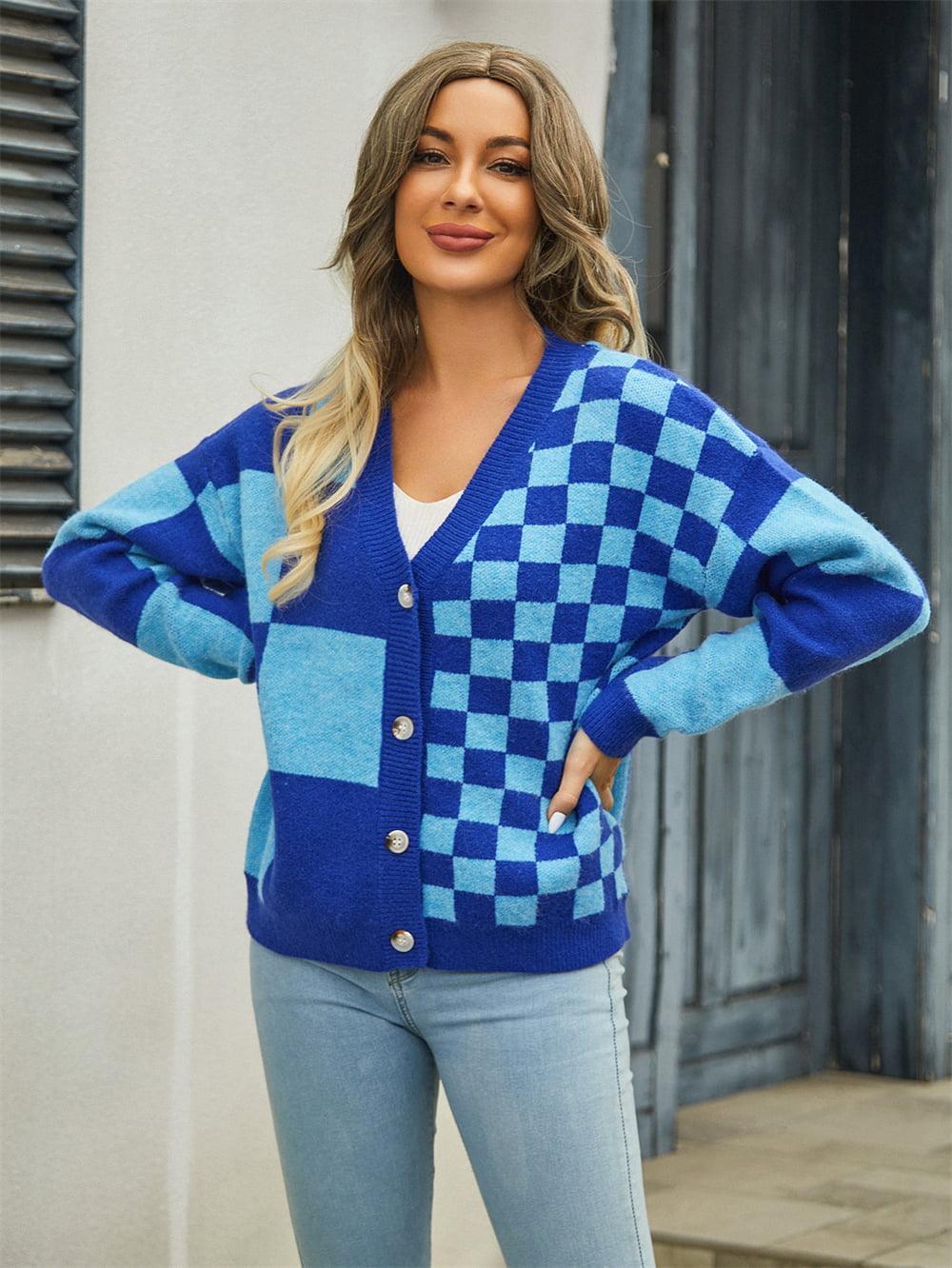 Checkered V-Neck Dropped Shoulder Sweater Cardigan - Cardigan