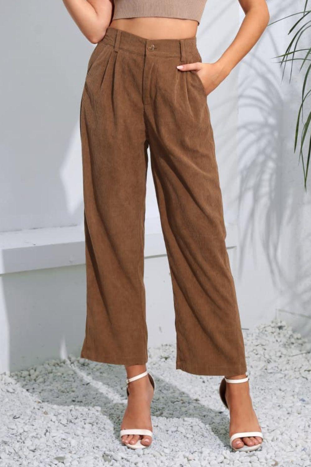 Cropped Buttoned Straight Leg High Waist Pleated Pants - Pant