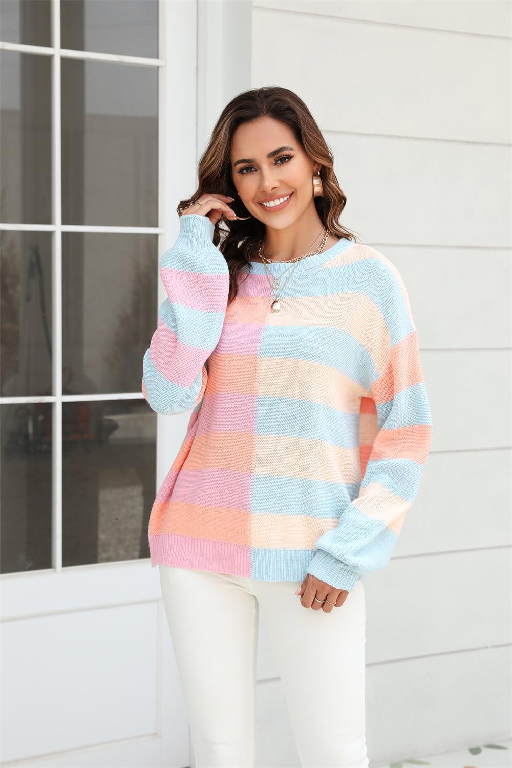 Round Neck Color Block Striped Sweater - Sweater