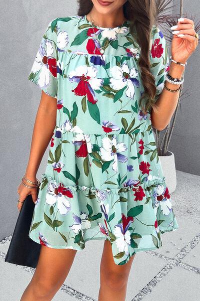 Floral Tiered Round Neck Mini Dress - Dresses