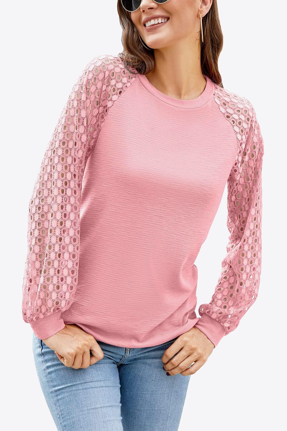 Eyelet Long Raglan Sleeve Round Neck Tee - Top