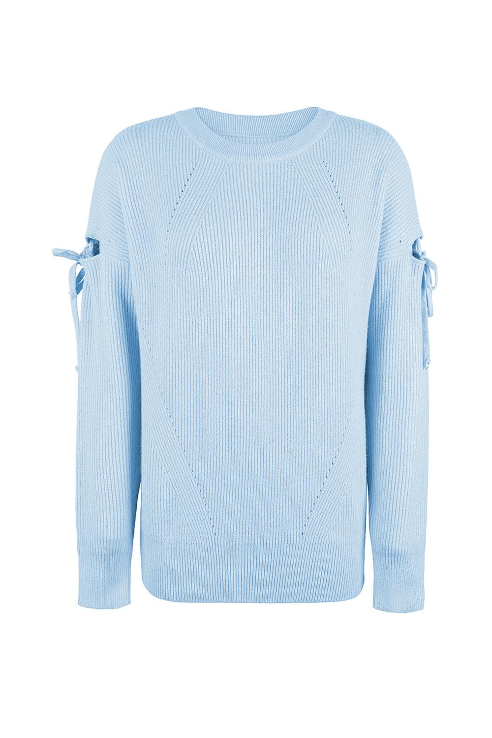 Round Neck Tied Sleeves Ribbed Sweater - Sweater