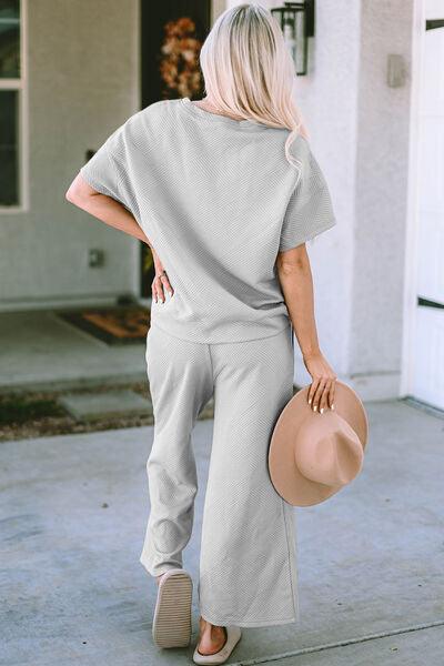 Double Take Texture Short Sleeve Top and Pants Set - Pant & Top