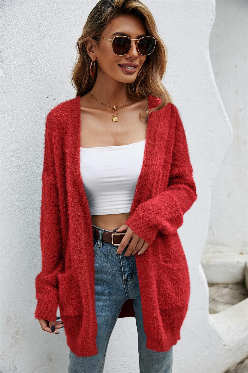 Open Front Openwork Fuzzy Cardigan with Pockets - Cardigan