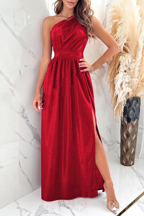 One Shoulder Slit Ruched Maxi Dress - Dresses