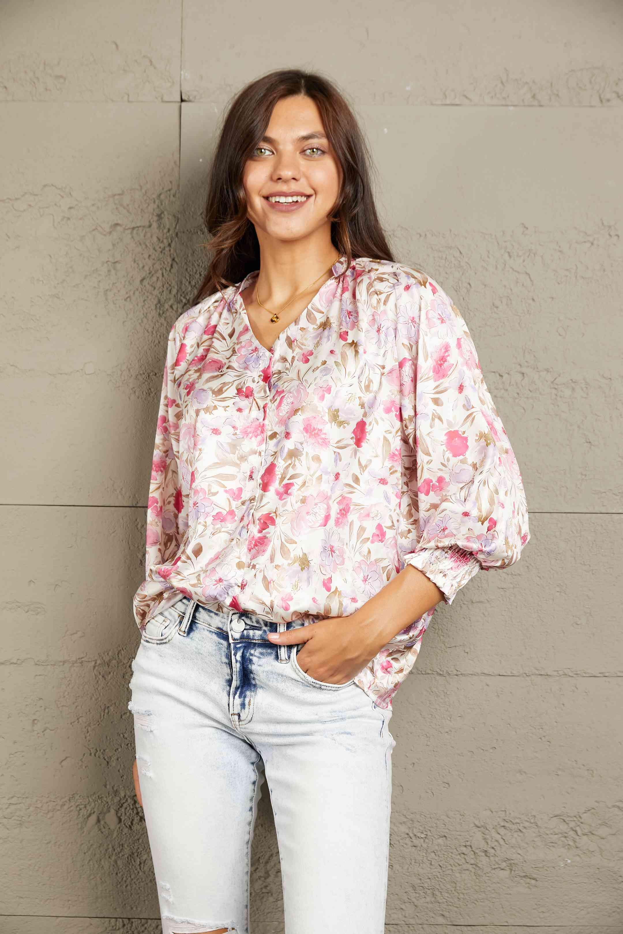 Double Take Floral V-Neck Long Sleeve Shirt - Shirt