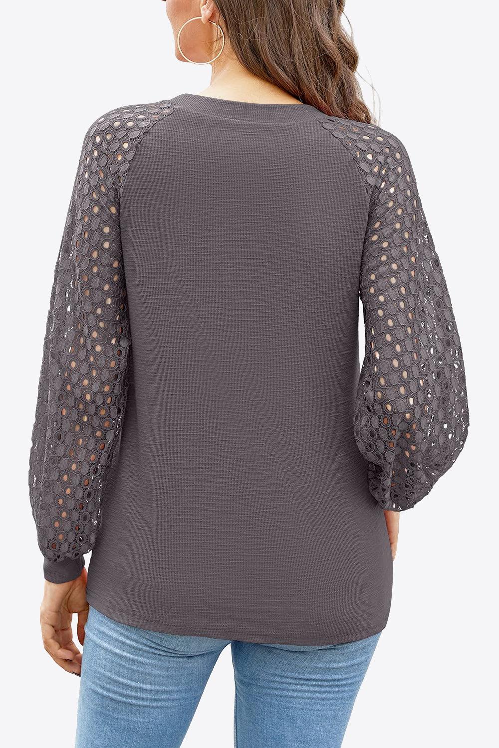 Eyelet Long Raglan Sleeve Round Neck Tee - Top