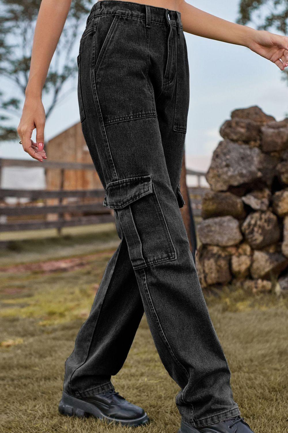 Loose Fit High Rise Cargo Pants Jeans - Jeans