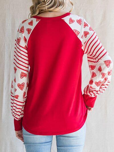 Heart Striped Quarter Button Long Sleeve T-Shirt - T-Shirt