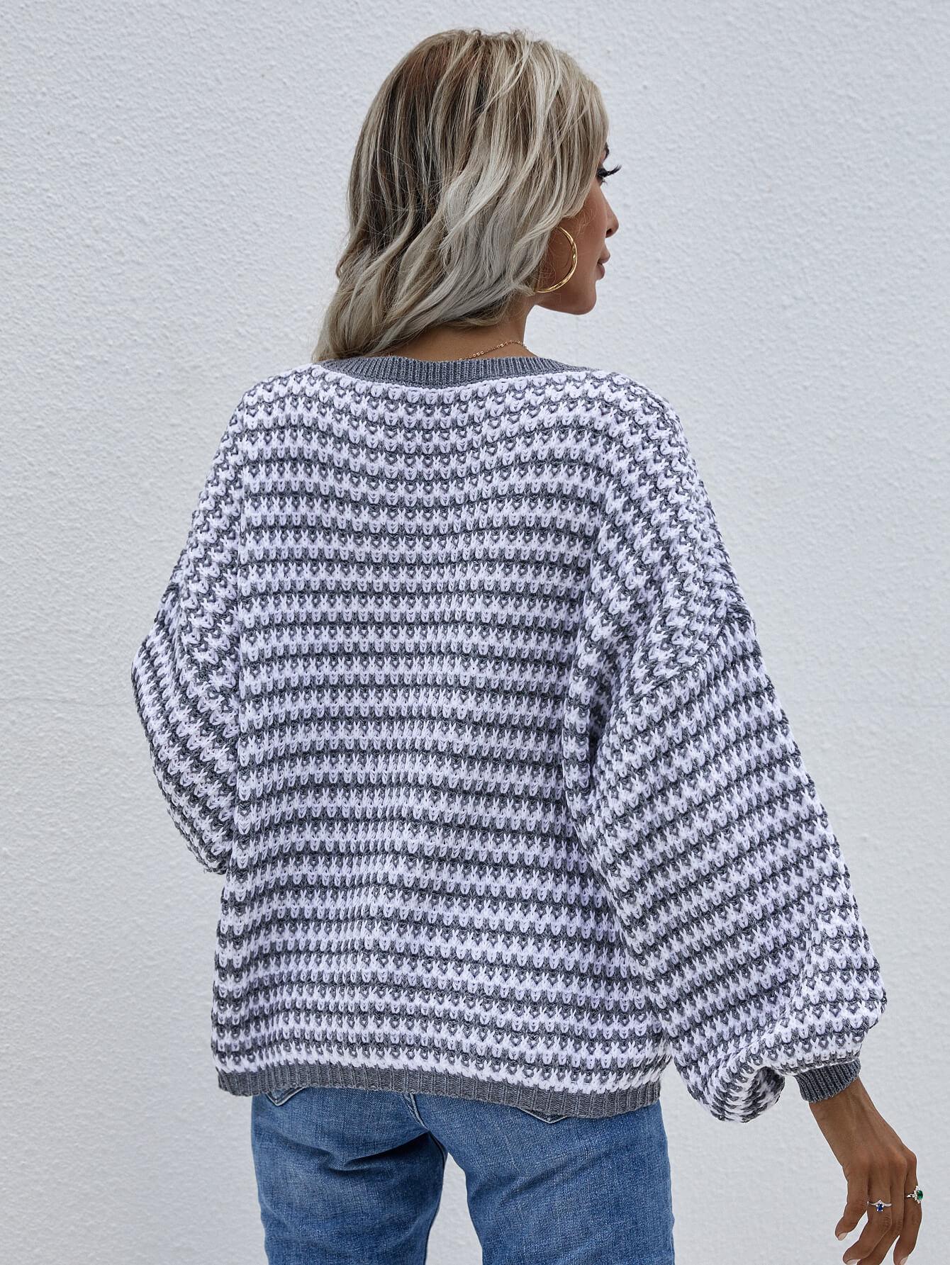 Striped Drop Shoulder V-Neck Pullover Sweater - Sweater