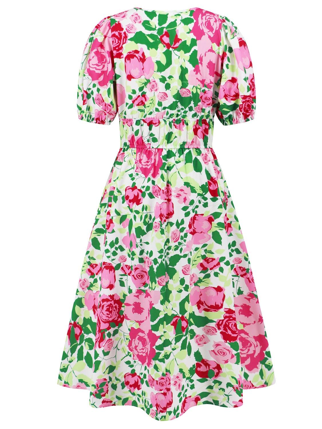 Ruched Floral Surplice Midi Dress - Dresses