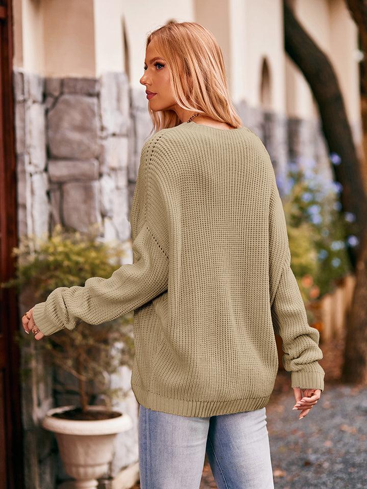 Waffle-Knit Long Sleeve Sweater With Pocket - Sweater