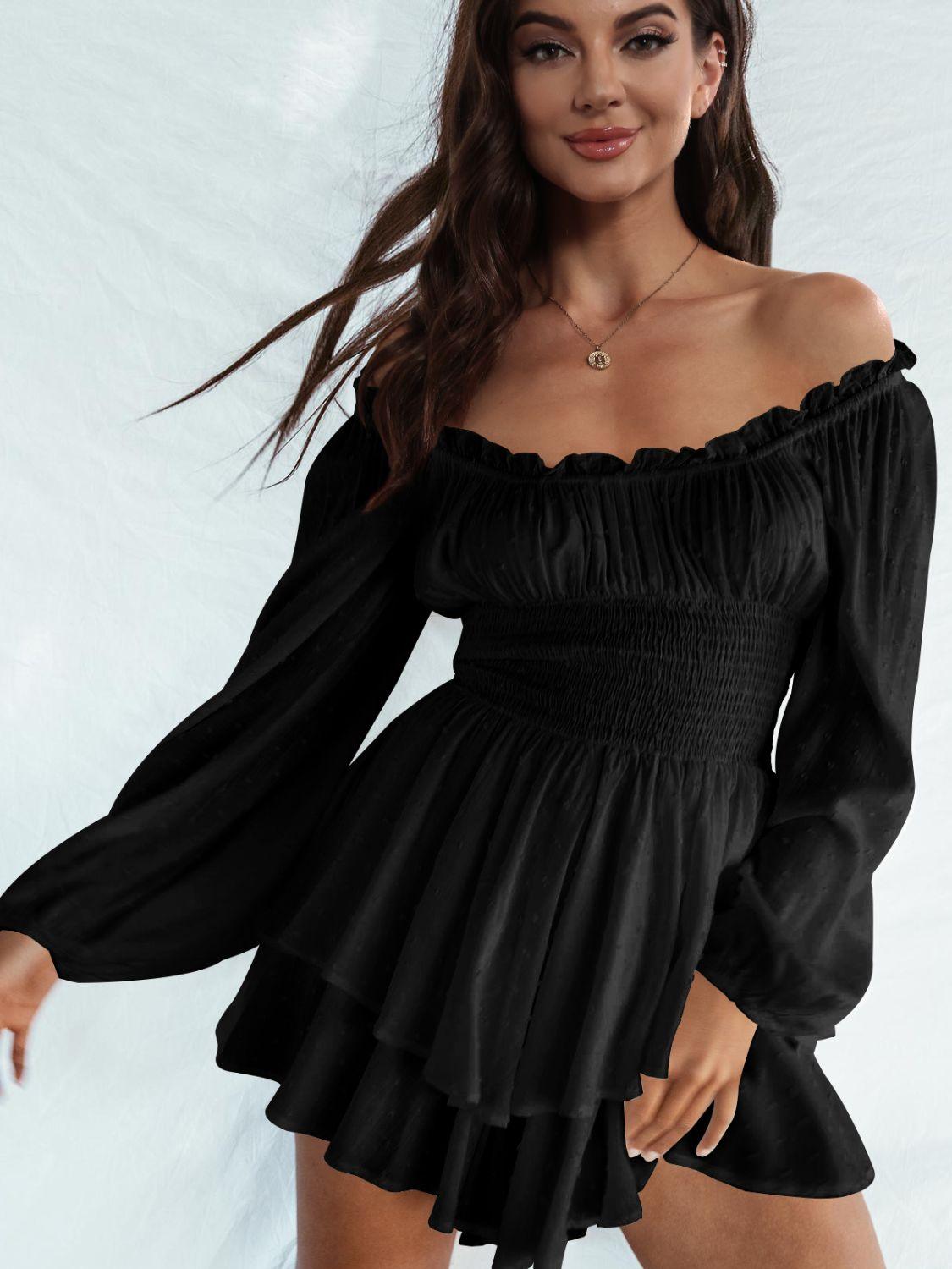 Off Shoulder Smocked Waist Long Sleeve Mini Dress - Dresses