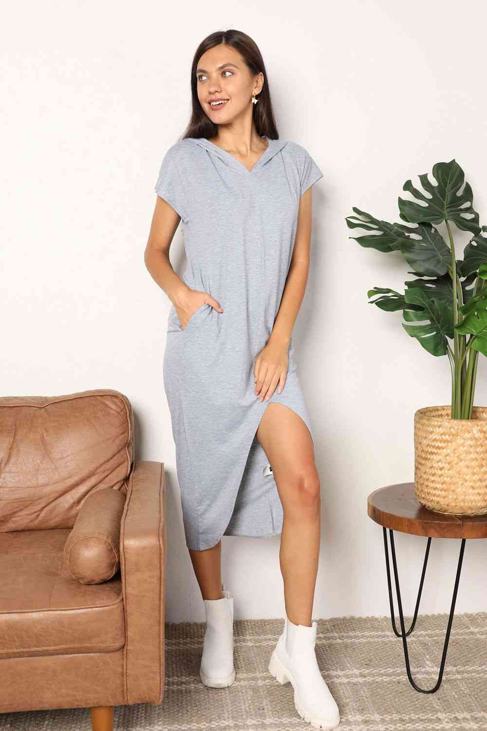 Double Take Short Sleeve Front Slit Hooded Midi Dress