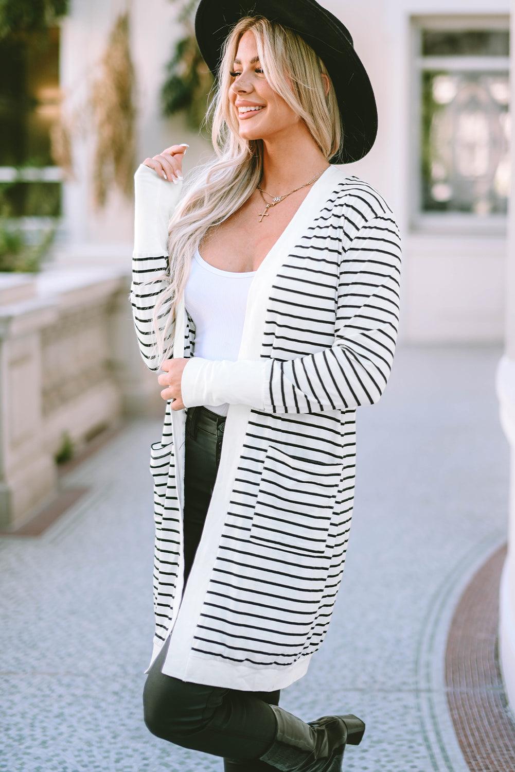 Striped Open Front Longline Cardigan - Cardigan