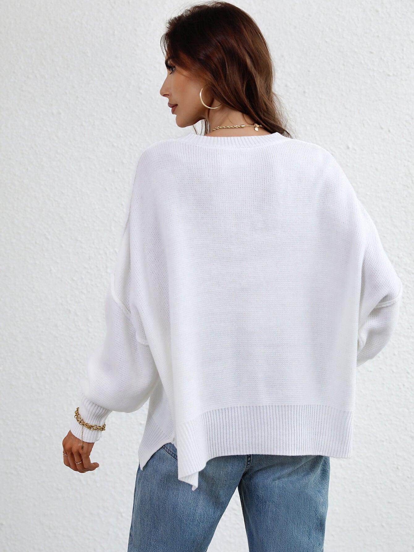 Exposed Seam Dropped Shoulder Slit Sweater - Sweater