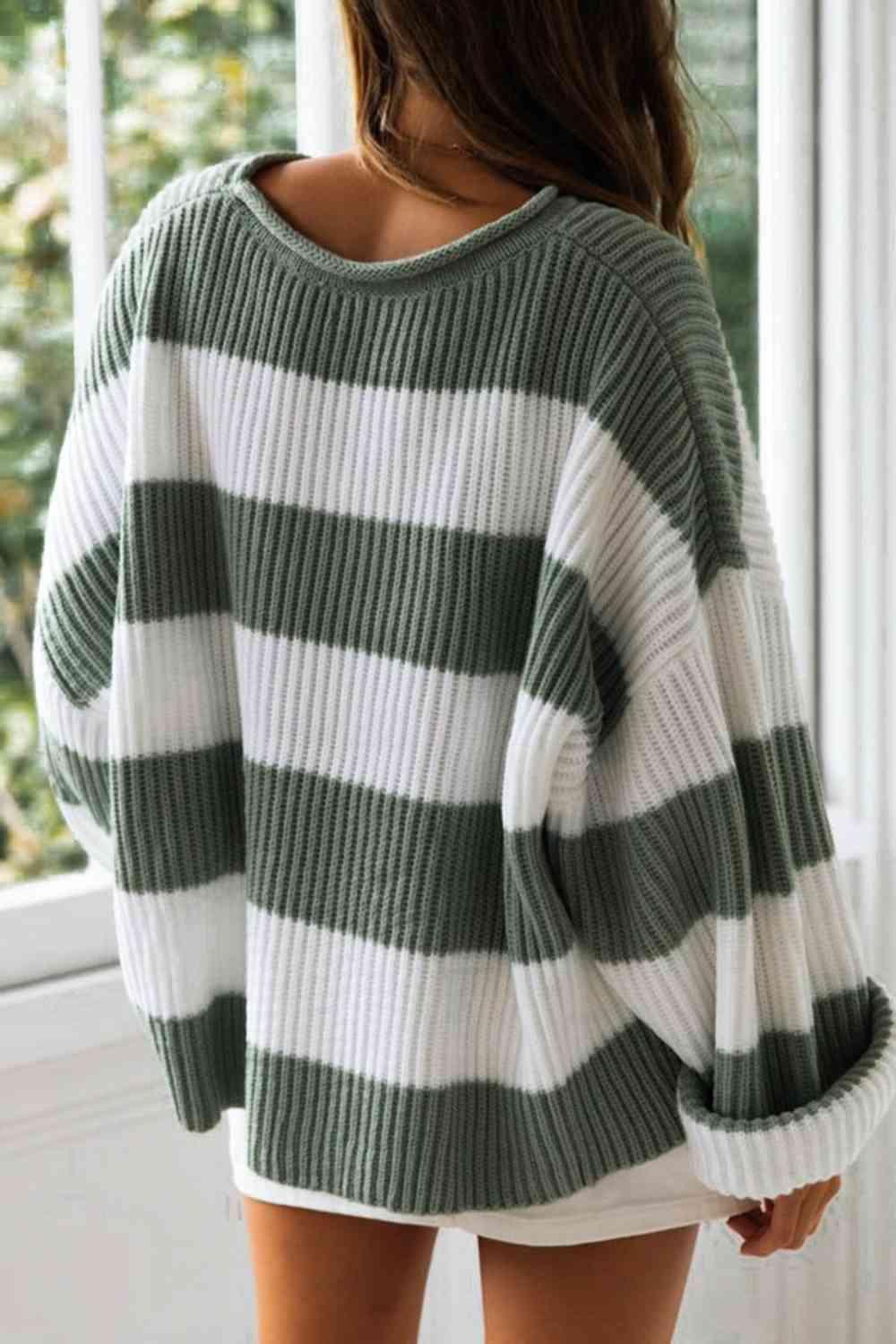 Striped Round Neck Drop Shoulder Sweater - Sweater