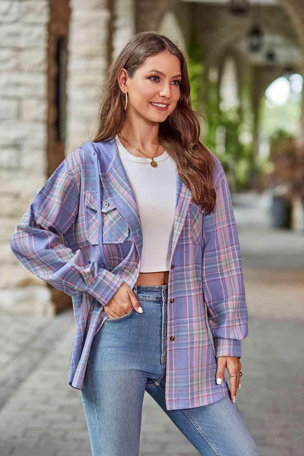 Plaid Long Sleeve Hooded Shacket - Jacket