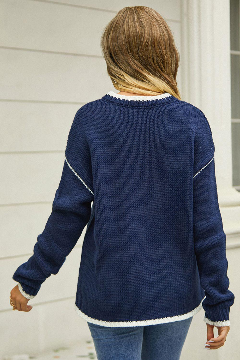 Round Neck Long Sleeve Waffle-Knit Sweater - Sweater