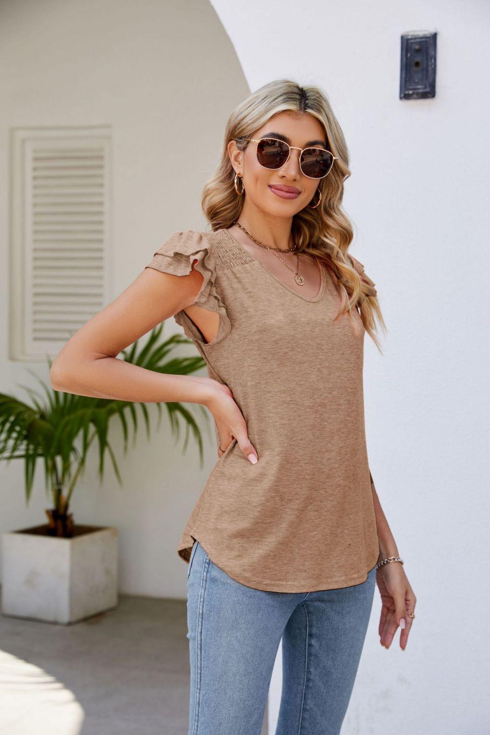 Smocked Layered Ruffle Flutter Sleeve V-Neck Top - Top