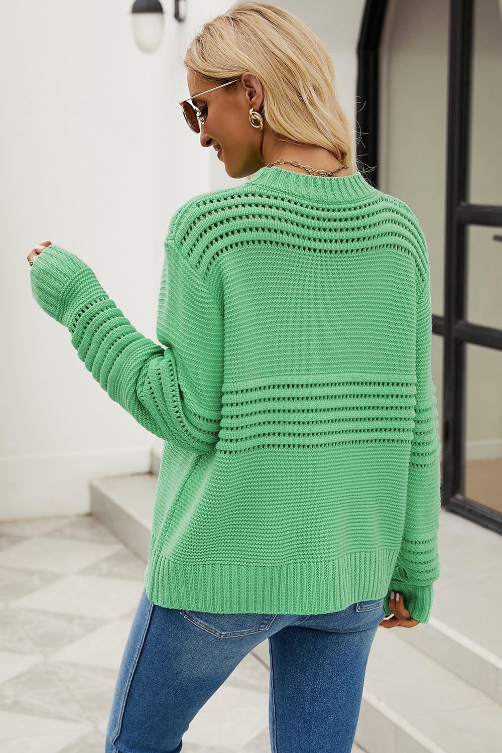 Ribbed Round Neck Openwork Pullover Sweater - Sweater