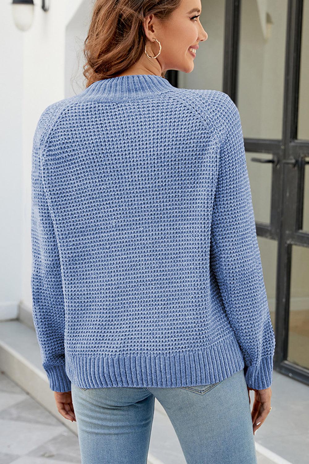 Waffle-Knit Mock Neck Raglan Sleeve Sweater - Sweater