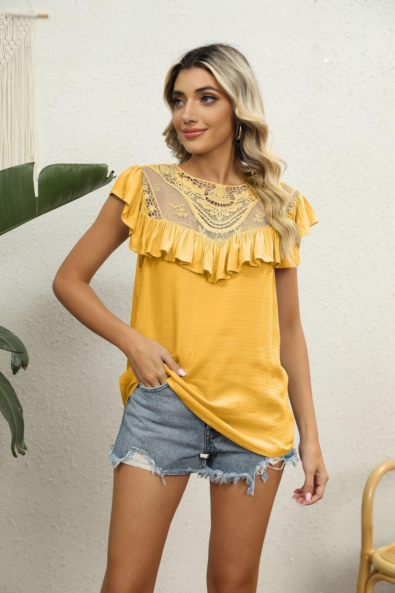 Spliced Lace Ruffled Flutter Sleeve Round Neck Top - Top