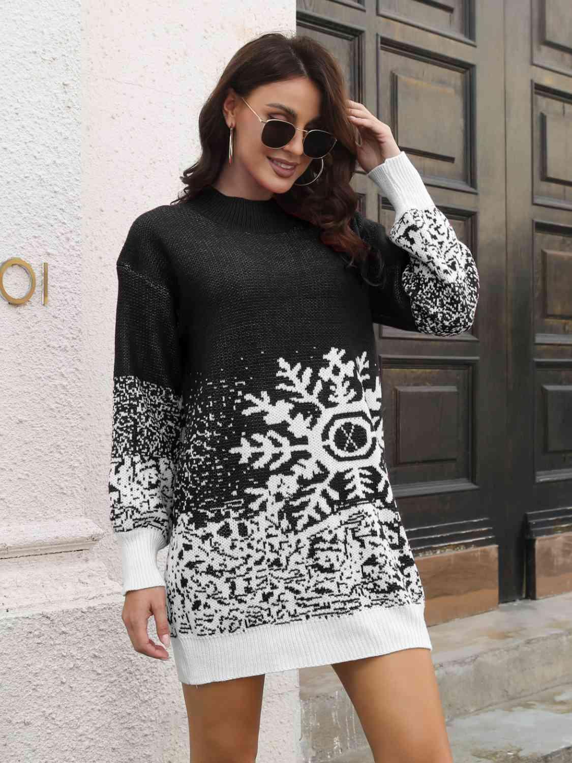 Christmas Snowflake Mock Neck Sweater Dress - Dresses