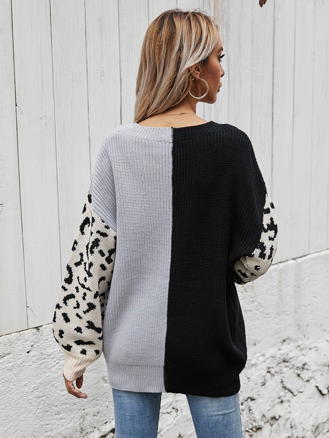 Woven Right Leopard Color Block V-Neck Tunic Sweater - Sweater