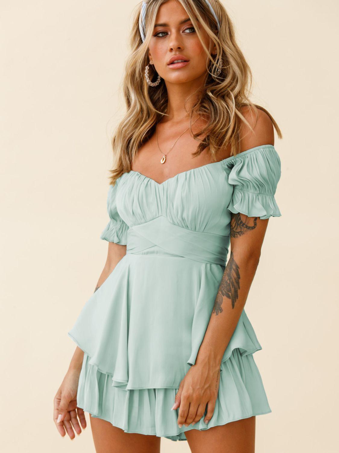 Off Shoulder Flounce Sleeve Layered Mini Dress - Dresses