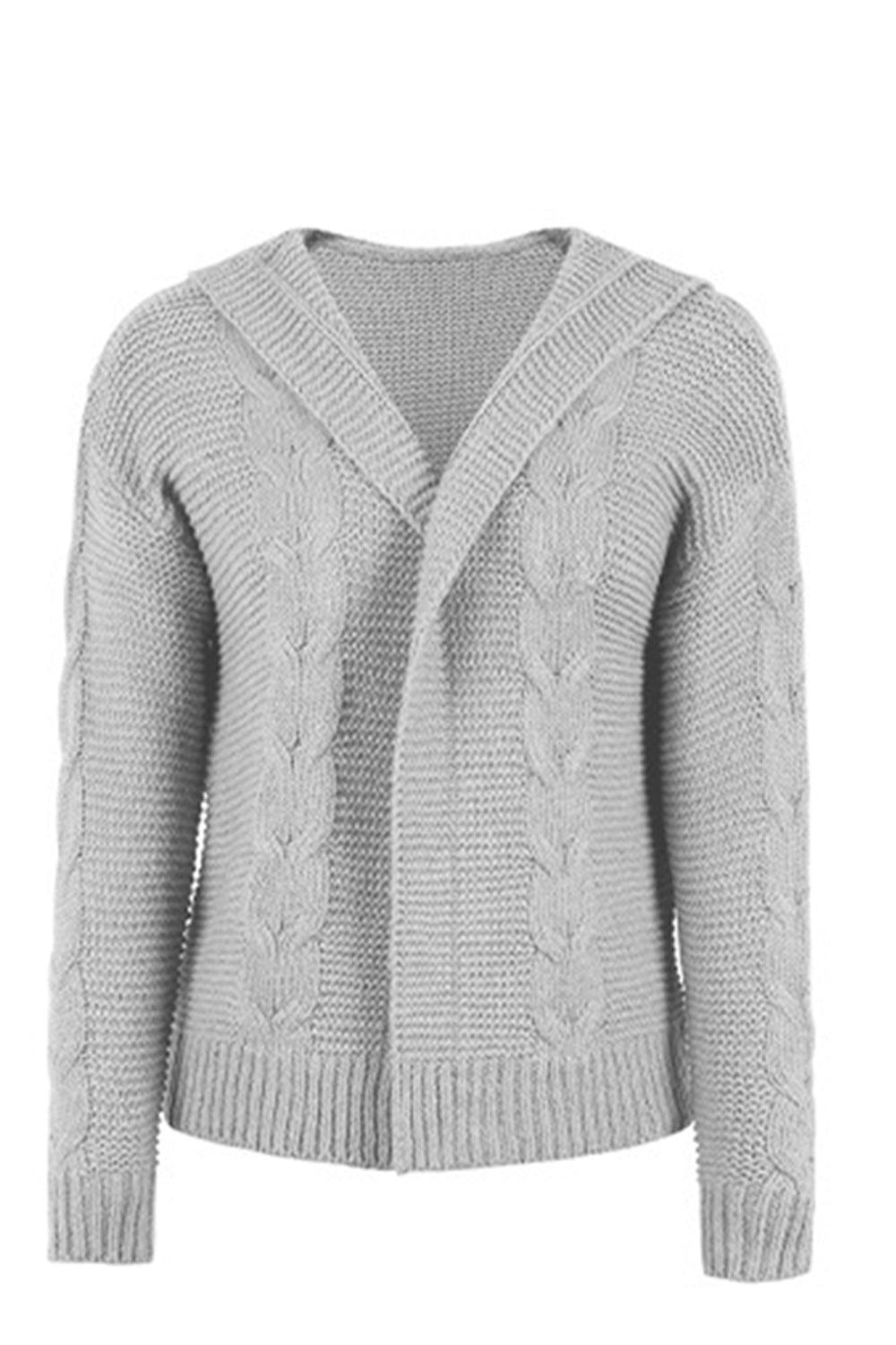 Cable-Knit Dropped Shoulder Hooded Cardigan - Cardigan