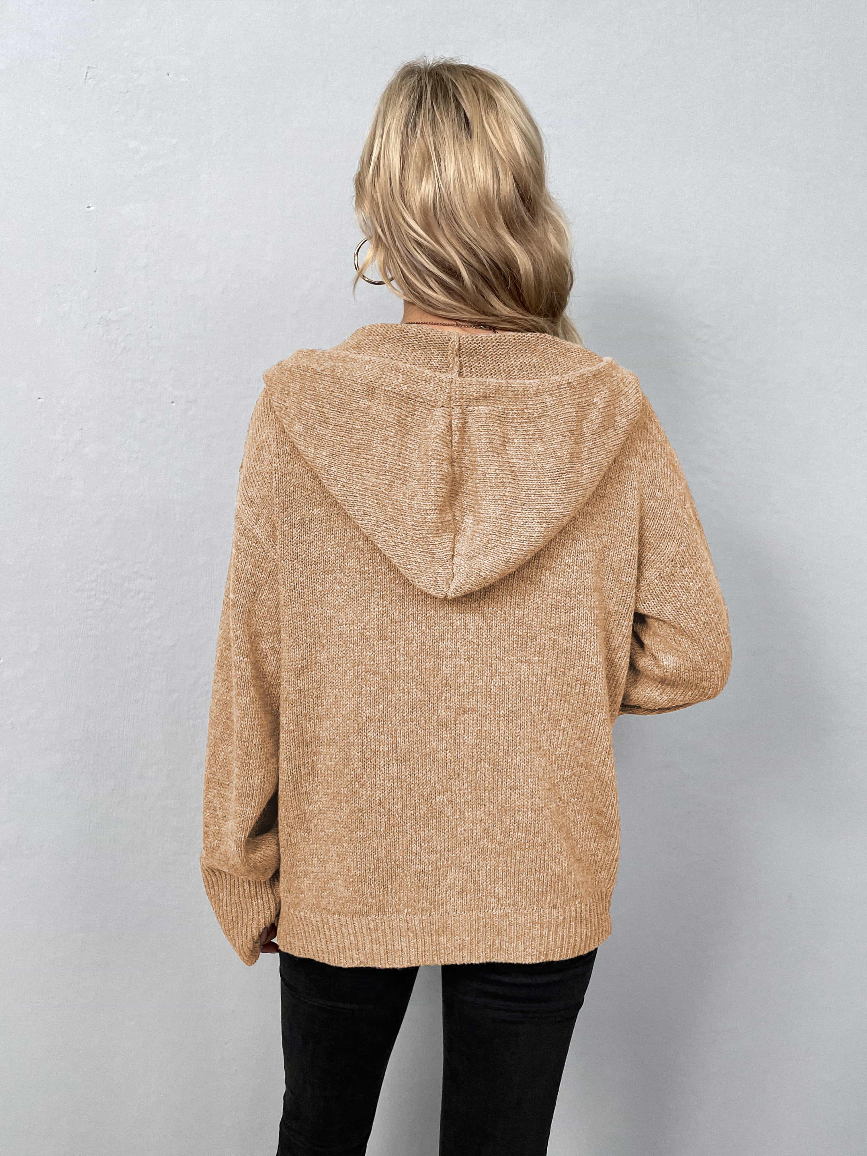 Button-Down Drawstring Long Sleeve Hooded Sweater - Sweater