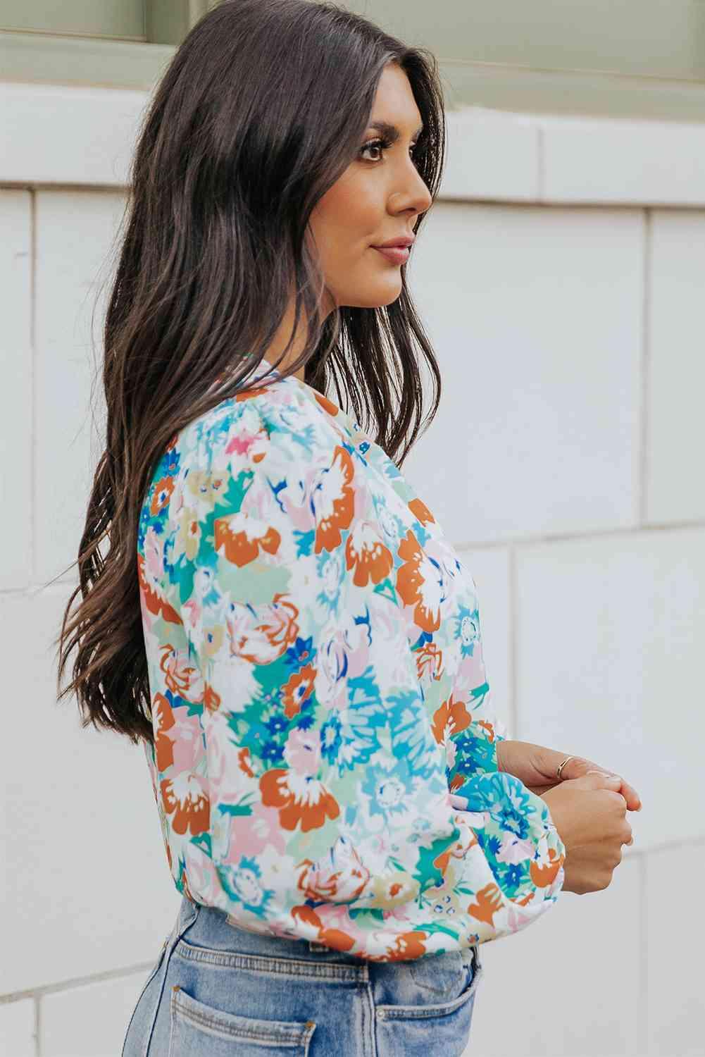 Floral Long Balloon Sleeve Bodysuit - Bodysuit