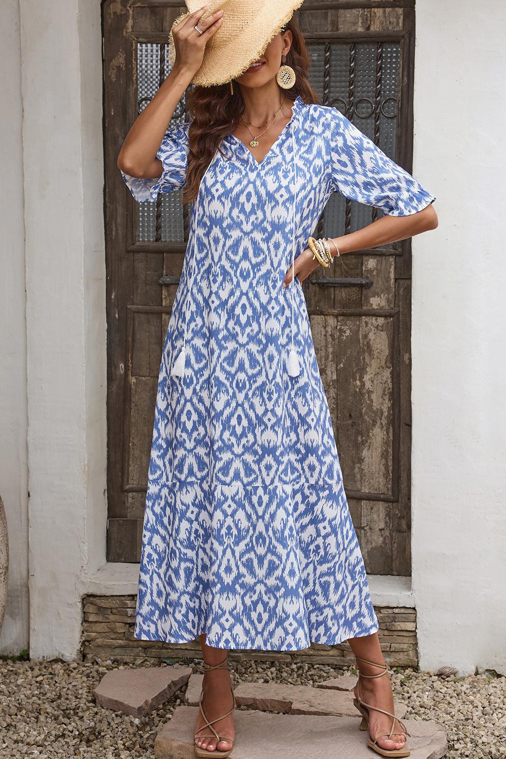 Printed Tassel Tie Flounce Sleeve Midi Dress - Dresses