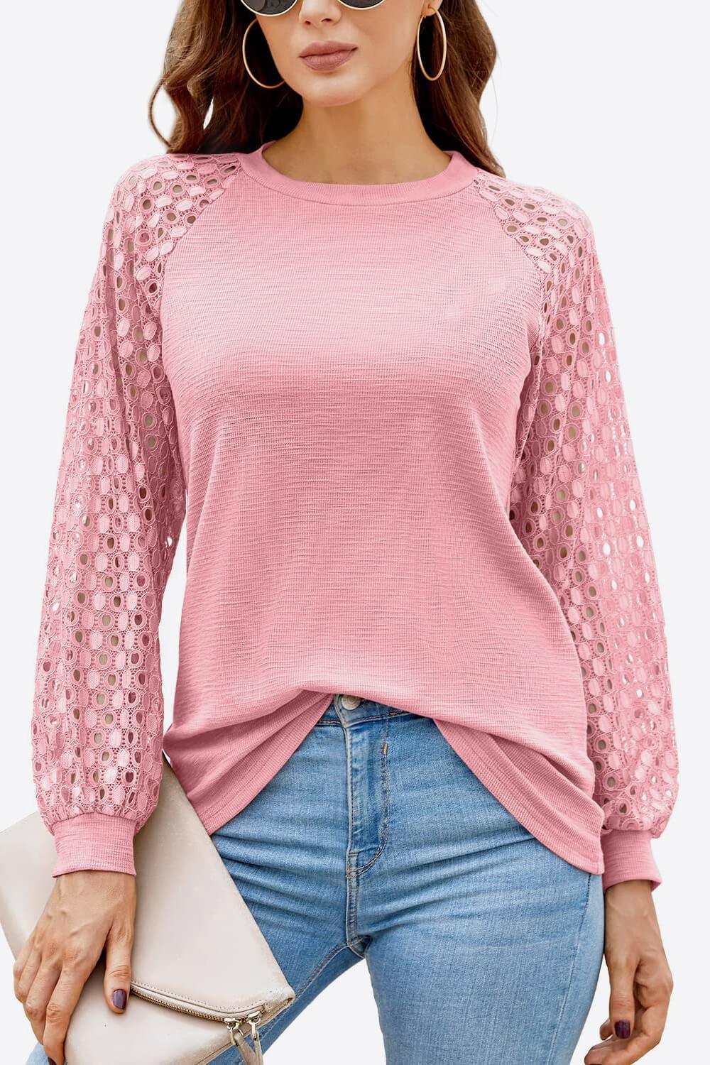 Eyelet Long Raglan Sleeve Round Neck Tee - Top