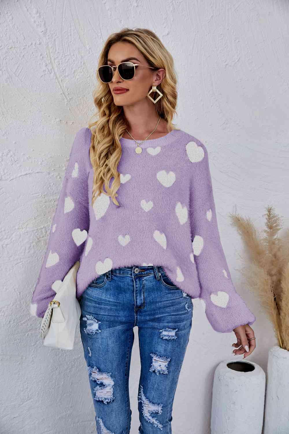 Woven Right Heart Print Fuzzy Sweater - Sweater