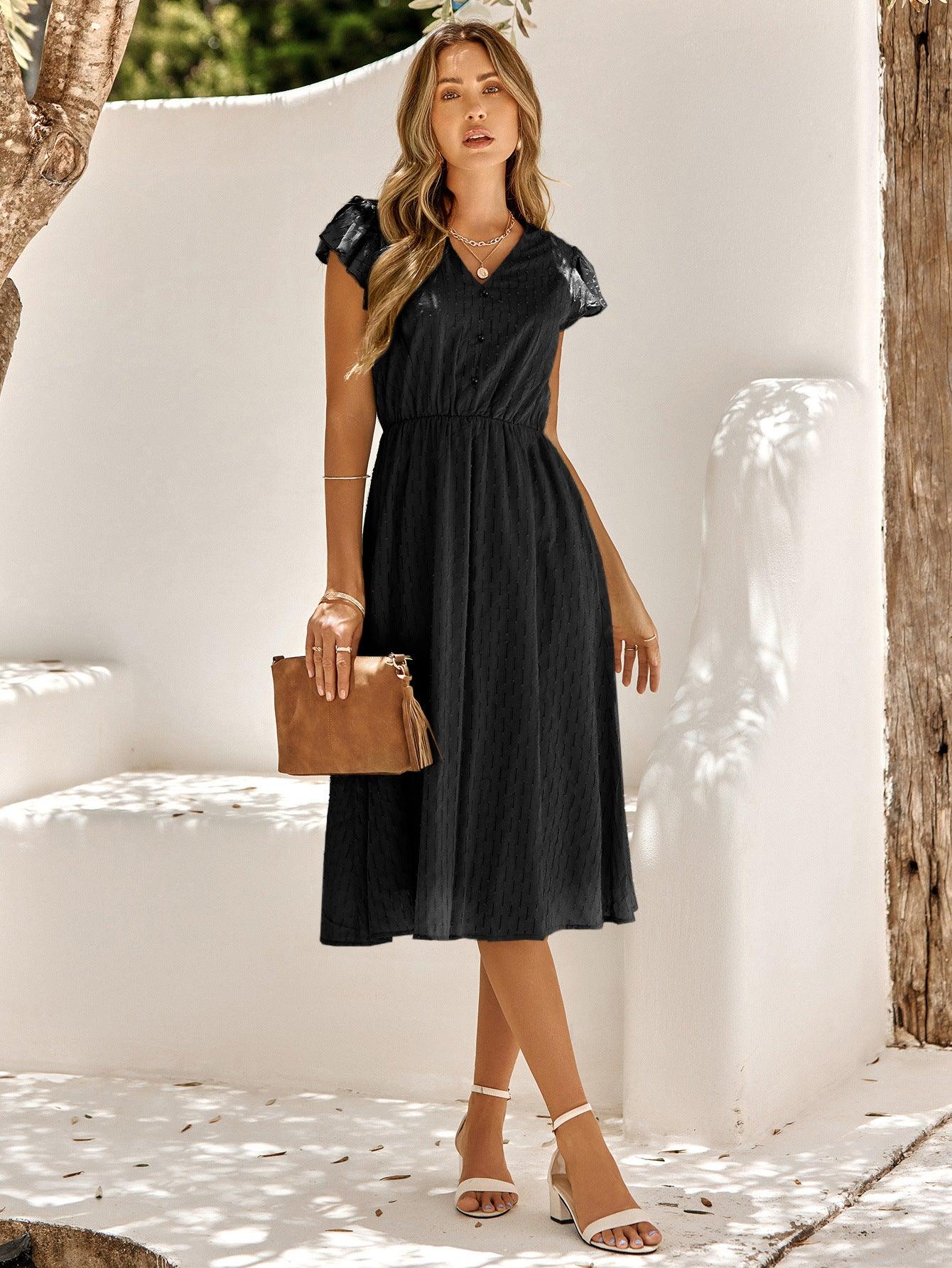 V-Neck Flutter Sleeve Midi Dress - Dresses