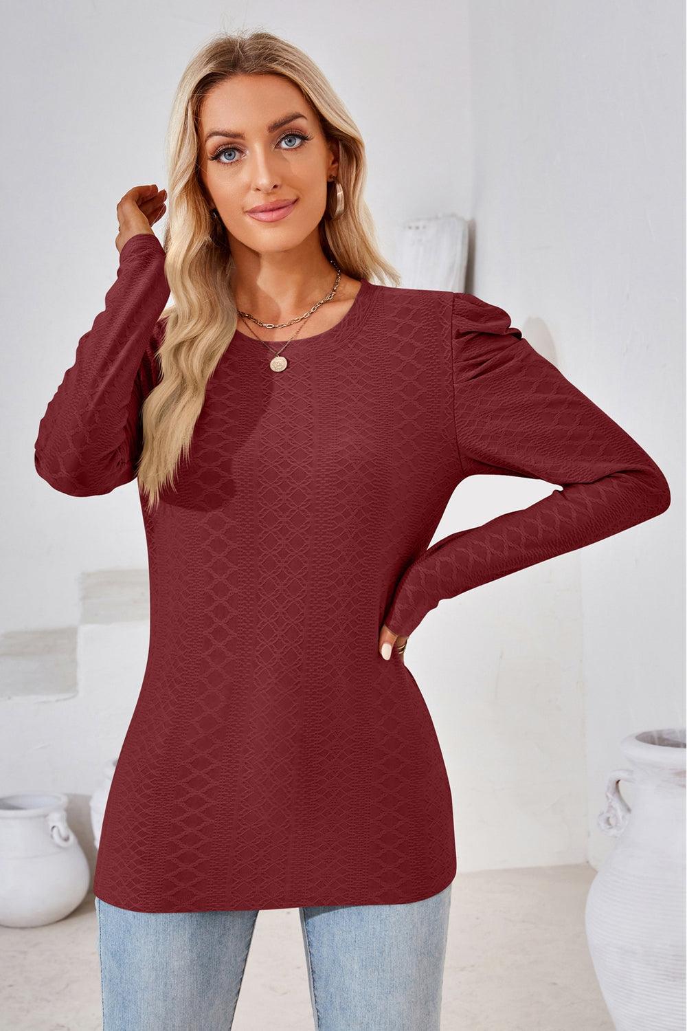 Round Neck Long Puff Sleeves Top - Top