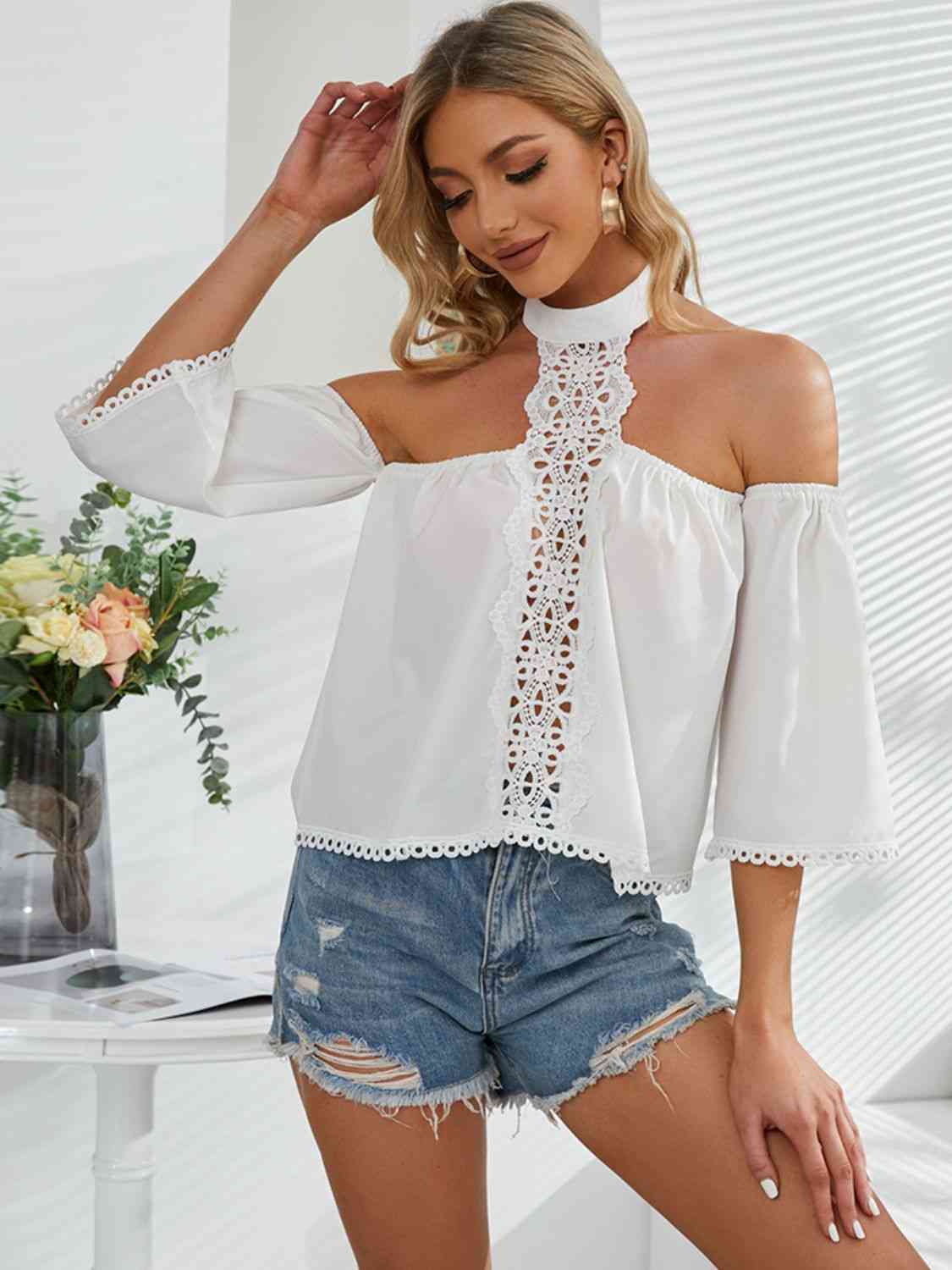 Crochet Halter Neck Cold-Shoulder Top