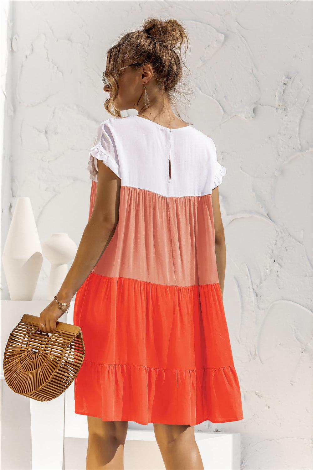 Color Block Round Neck Ruffle Hem Tiered Short Dress - Dresses