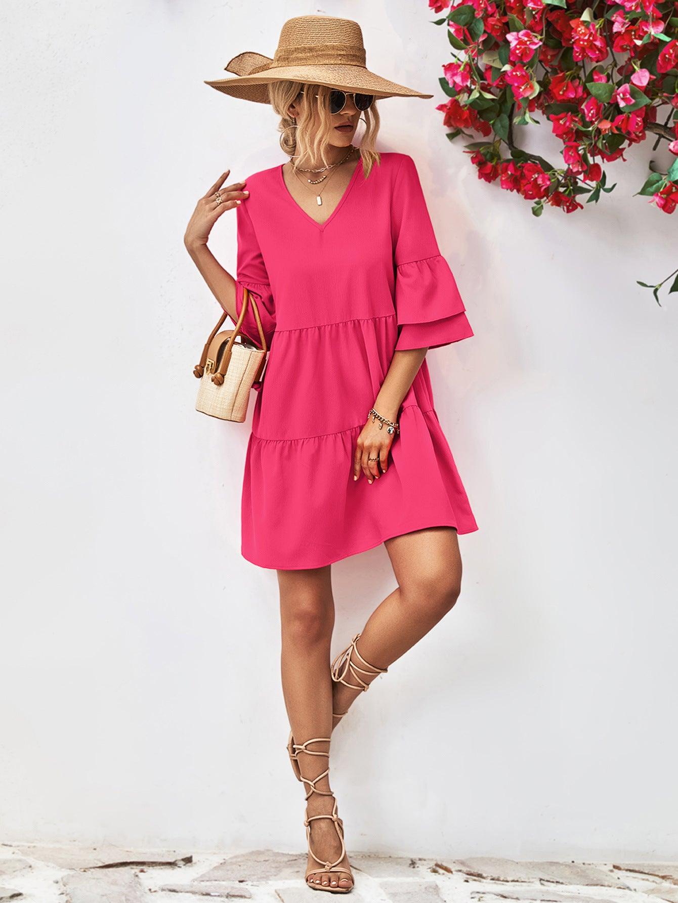 V-Neck Flare Sleeve Mini Dress - Dresses