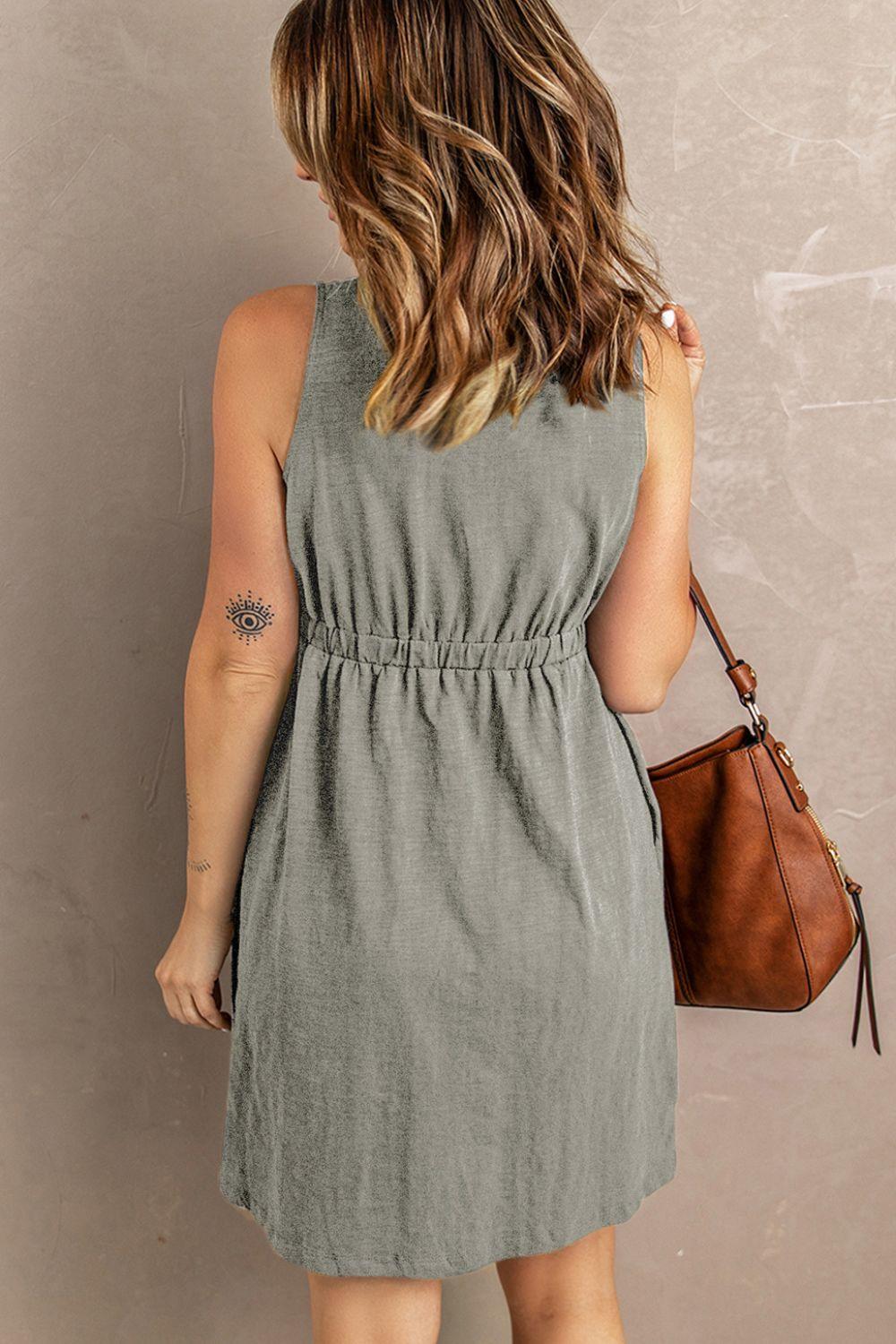 Sleeveless Button Down Smocked V-Neck Mini Magic Dress - Dresses