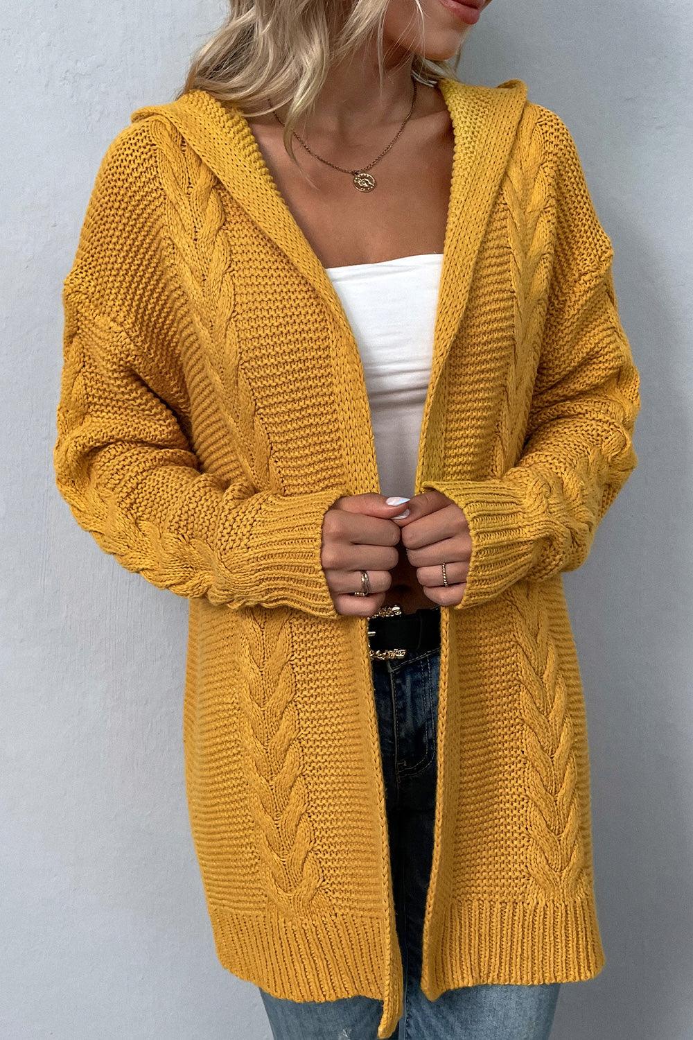 Cable-Knit Open Front Hooded Cardigan - Cardigan