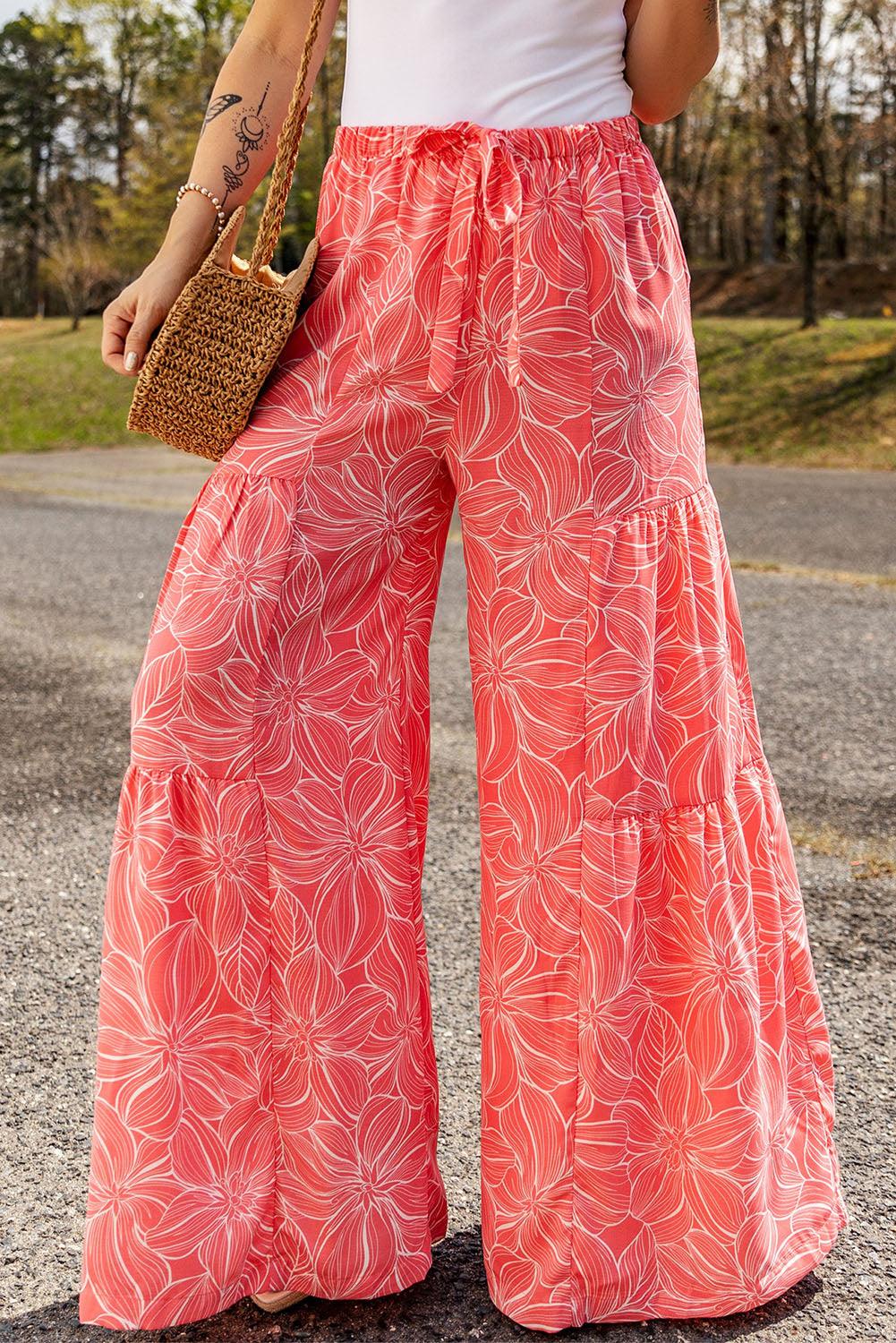 Floral Tiered Wide Leg High Waist Pants - Pant