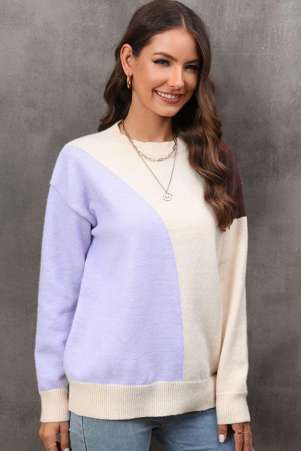 Color Block Ribbed Cuff Drop Shoulder Sweater - Sweater